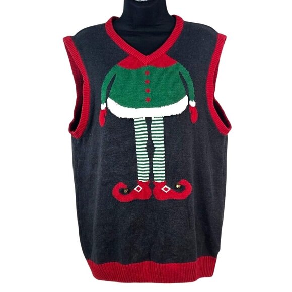Ugly Christmas Sweater Jackets & Blazers - Ugly Christmas Sweater Womens Elf Vest Large Gray & Red Knit Holiday Top